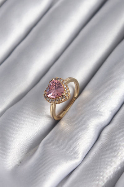 Pirinç Gold Renk Pembe Zirkon Taş Kalp Charm Model Kadın Yüzük TG27BYK2957