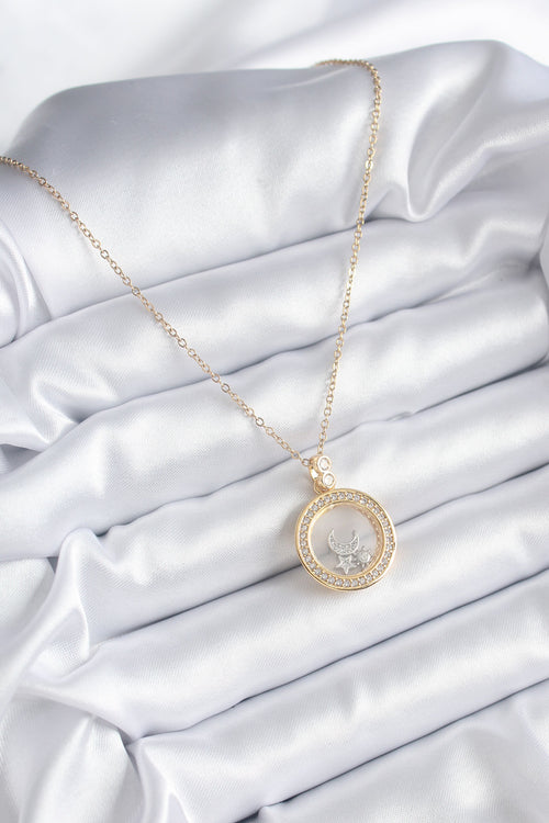 316L Çelik Gold Renk Zirkon Taş Detay Ay Yıldız Fanus Model Kadın Kolye TG27BKO8194