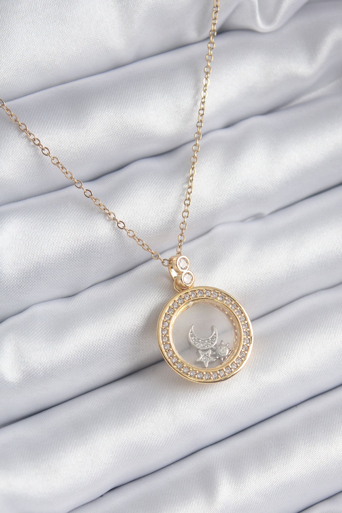 316L Çelik Gold Renk Zirkon Taş Detay Ay Yıldız Fanus Model Kadın Kolye TG27BKO8194 - Çok Renkli / Standart
