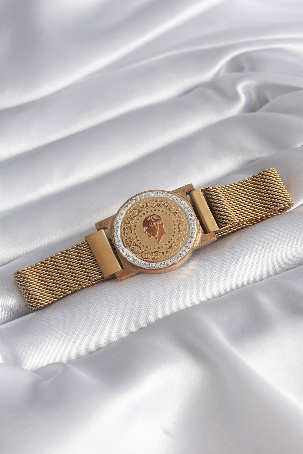 316L Çelik Gold Renk Mıknatıslı Hasır Zirkon Taşlı Çeyrek Altın Model Kadın Bileklik TG27BB5820
