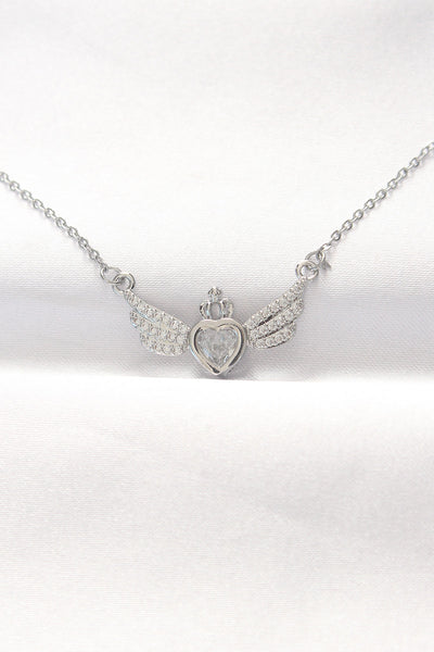 316L Çelik Silver Renk Zirkon Taşlı Kalpli Kanat Kolye TG27BKO8515