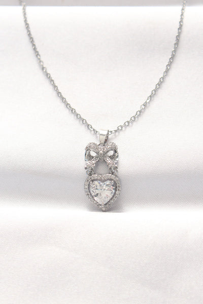 316L Çelik Silver Renk Zirkon Taşlı Kalpli Fiyonk Kolye TG27BKO8519