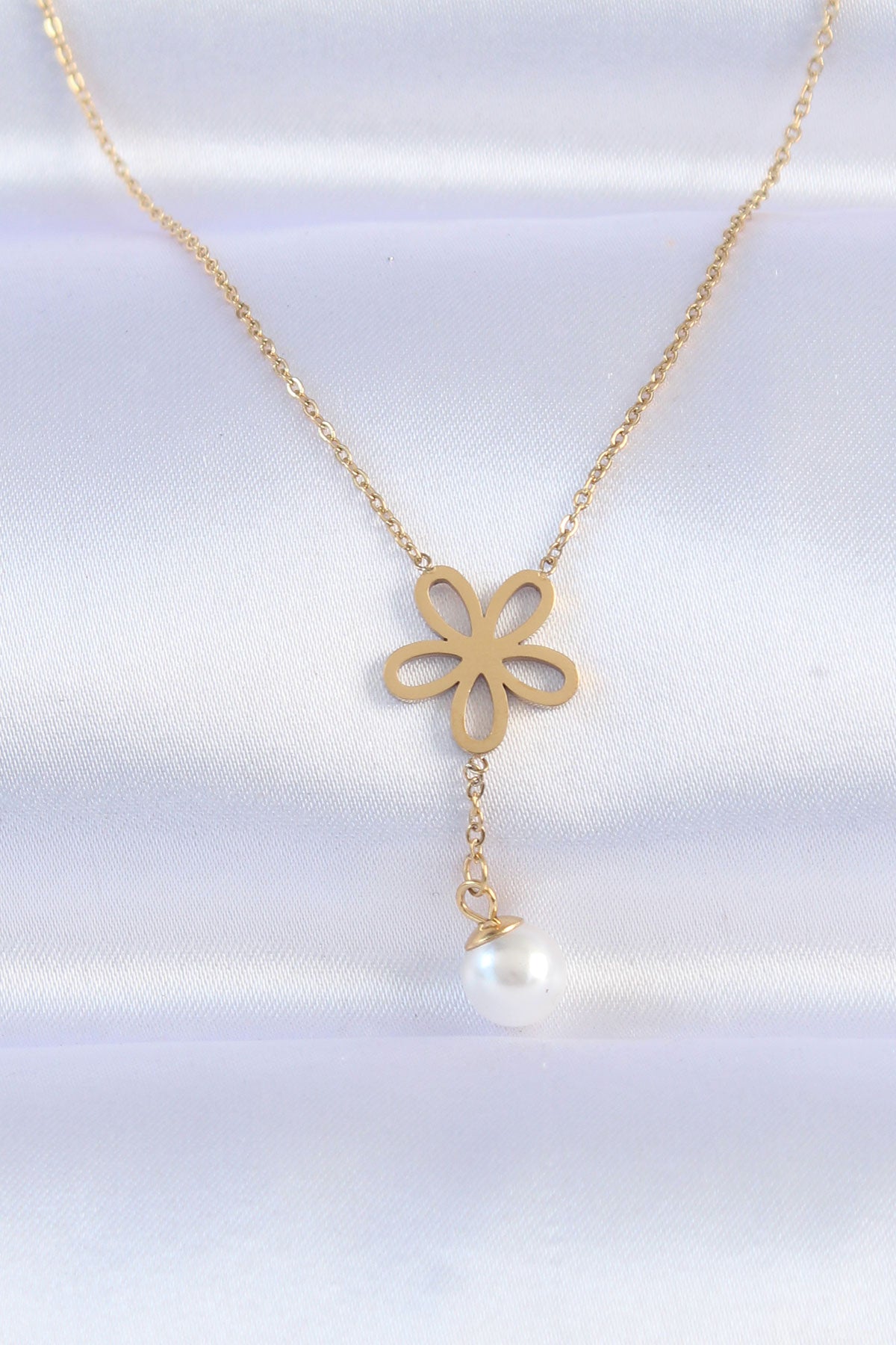 316L Çelik Zincir Gold Renk İnci Detay Çiçek Kolye TG27BKO8730 - Çok Renkli / Standart