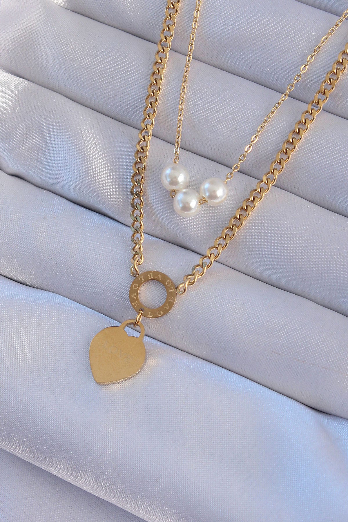 316L Çelik Gold Renk Çift Zincir İnci Detayı Love Kalp Kolye TG27BKO8939 - Çok Renkli / Standart