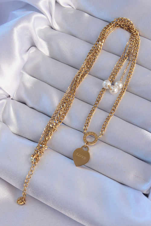 316L Çelik Gold Renk Çift Zincir İnci Detayı Love Kalp Kolye TG27BKO8939 - görsel 2