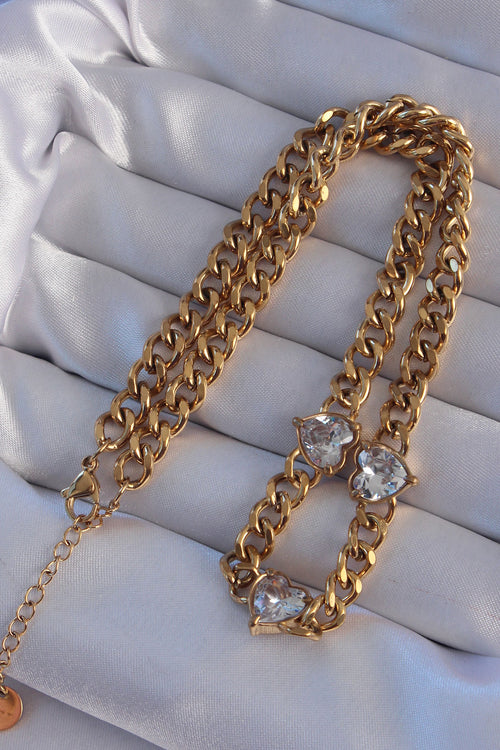 316L Çelik Gold Renk Zirkon Taşlı Kalp Model Zincir Kolye TG27BKO8949