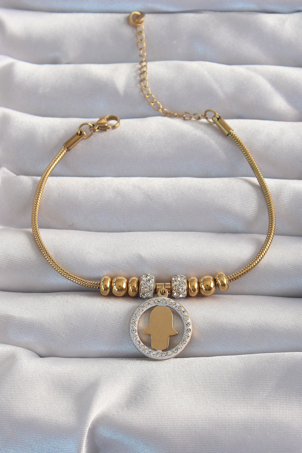 316L Çelik Gold Renk Zirkon Taş Aksesuarlı Fatma Ana Eli Bileklik TG27BB6233