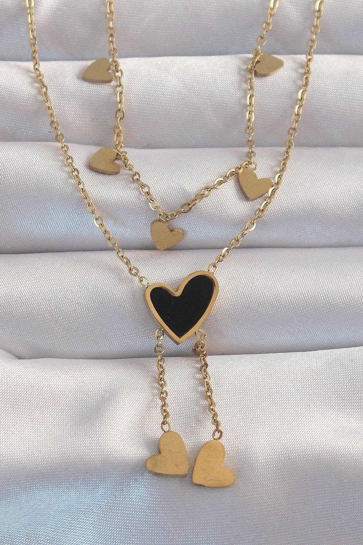 316L Çelik Gold Renk Mineli Çoklu Kalp Kolye TG27BKO8967 - Çok Renkli / Standart