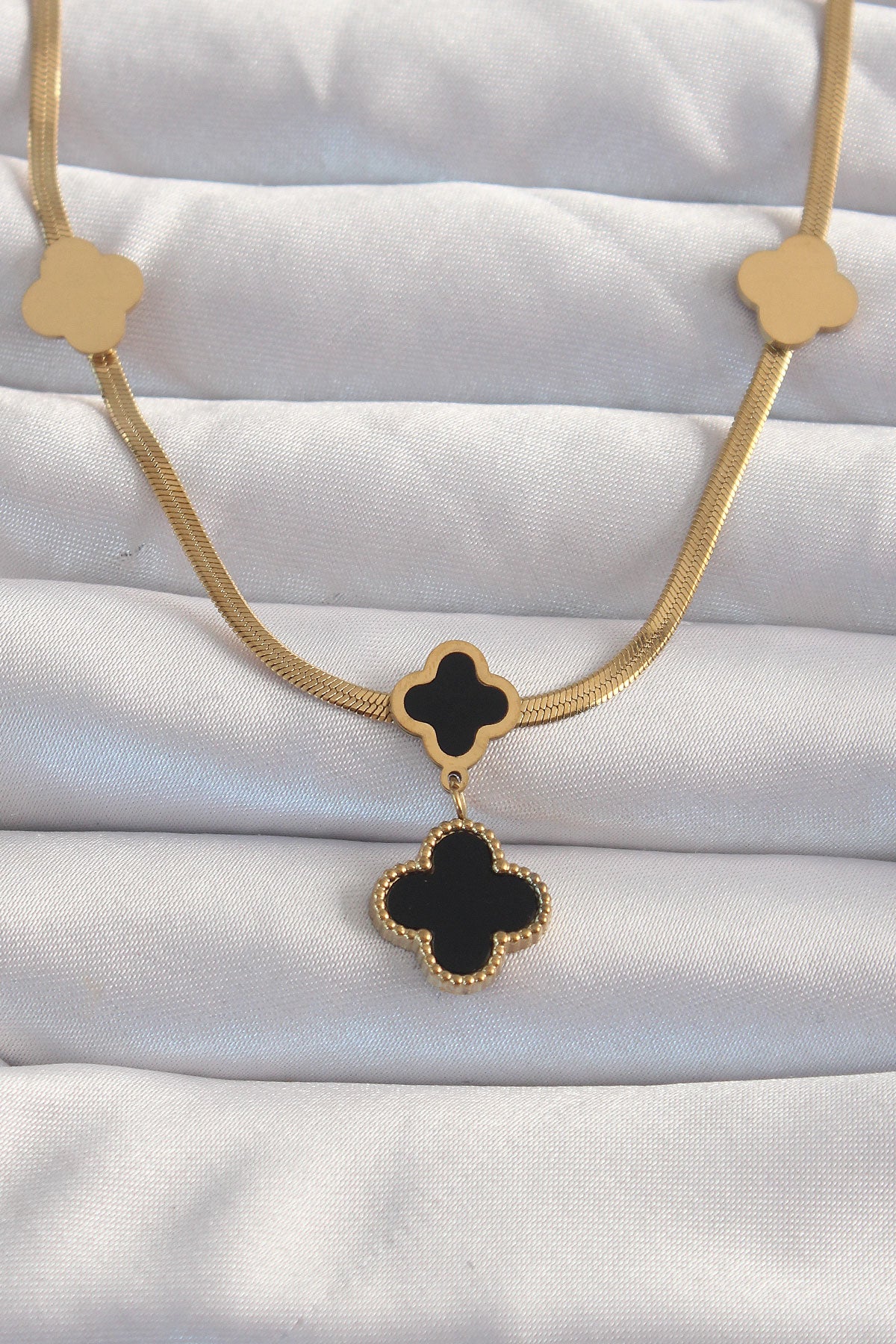 316L Çelik Gold Renk İtalyan Zincirli Mineli Yonca Kolye TG27BKO8969 - Çok Renkli / Standart