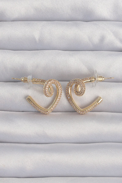 Pirinç Gold Renk Zirkon Taşlı Kıvrımlı Yarım Kalp Küpe TG27BKP9279