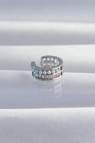 Pirinç Gümüş Renk İncili Baget Taşlı Earcuff Küpe TG27BKP9338