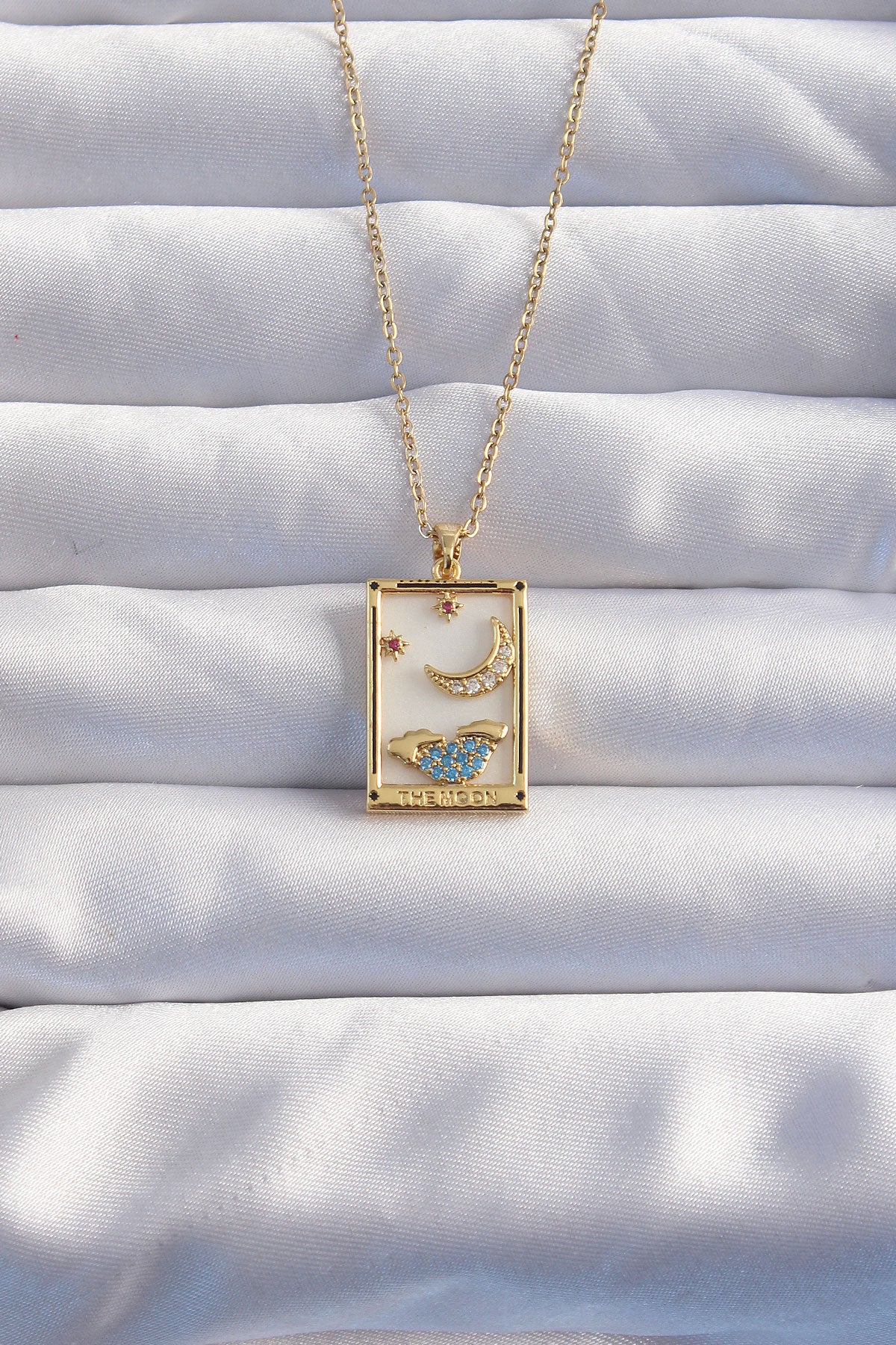 316L Çelik Zincir Gold Renk Ay Detay Mavi Zirkon Taşlı Tarot Kolye TG27BKO8980 - Çok Renkli / Standart