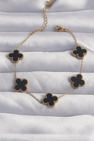 316L Çelik Gold Renk Siyah Mineli Yonca Bileklik TG27BB6258