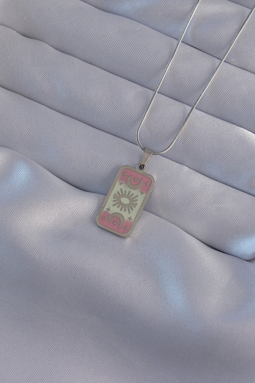 316L Çelik Gümüş Renk Pembe Mineli Ay Figür Tarot Kolye TG27BKO9045