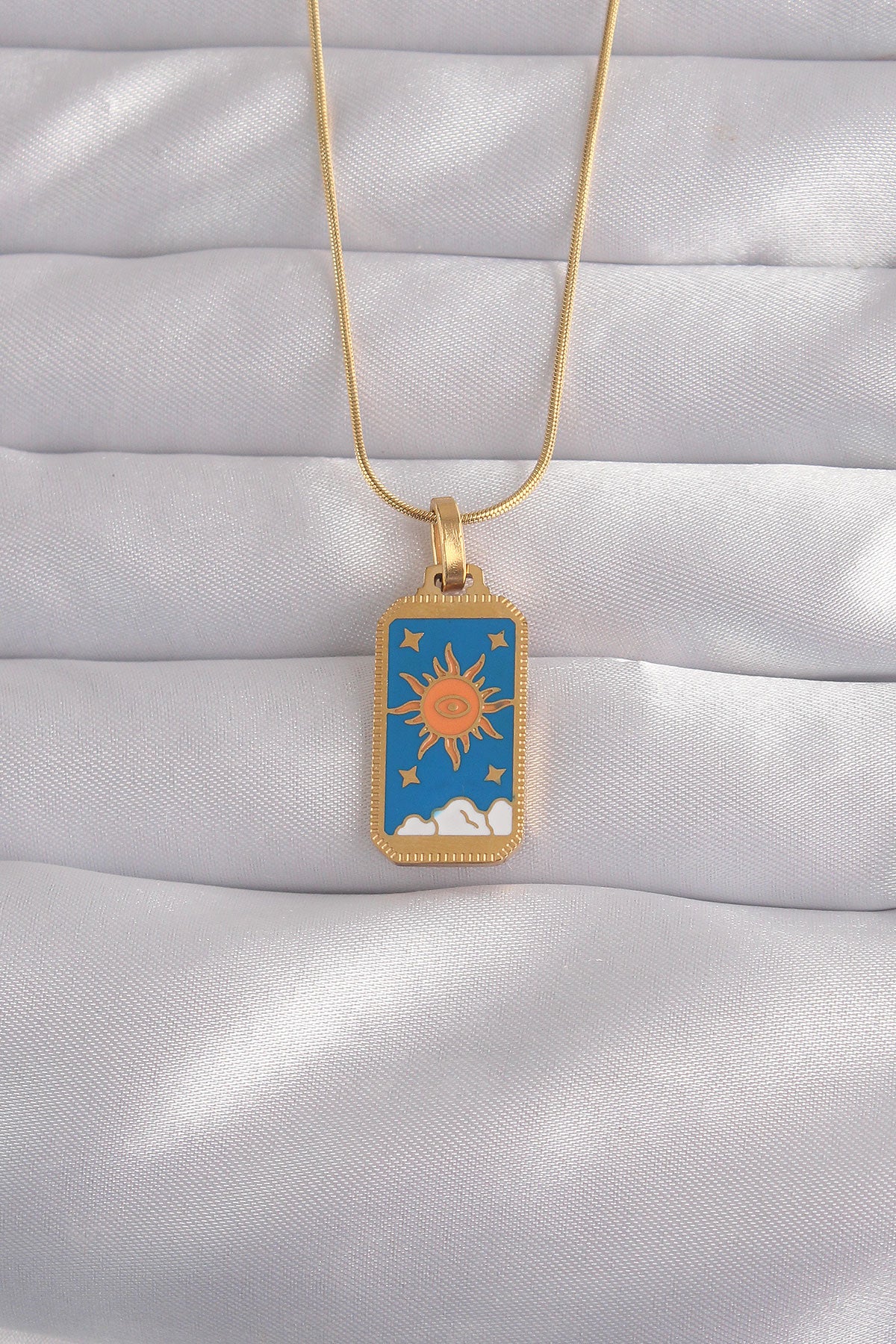 316L Çelik Gold Renk Mavi Mineli Güneş Model Tarot Kolye TG27BKO9026 - Çok Renkli / Standart