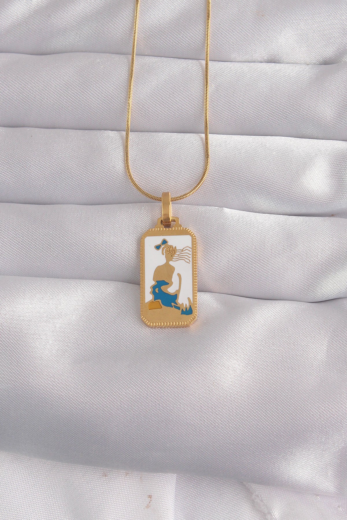 316L Çelik Gold Renk Beyaz Mineli Kız Figür Tarot Kolye TG27BKO9027 - Çok Renkli / Standart