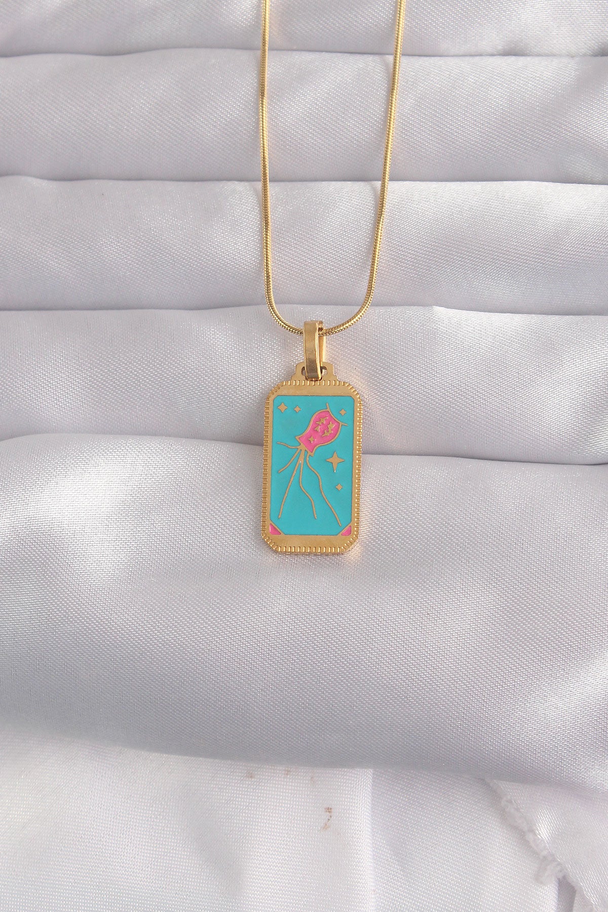 316L Çelik Gold Renk Mavi Mineli Tarot Kolye TG27BKO9030 - Çok Renkli / Standart