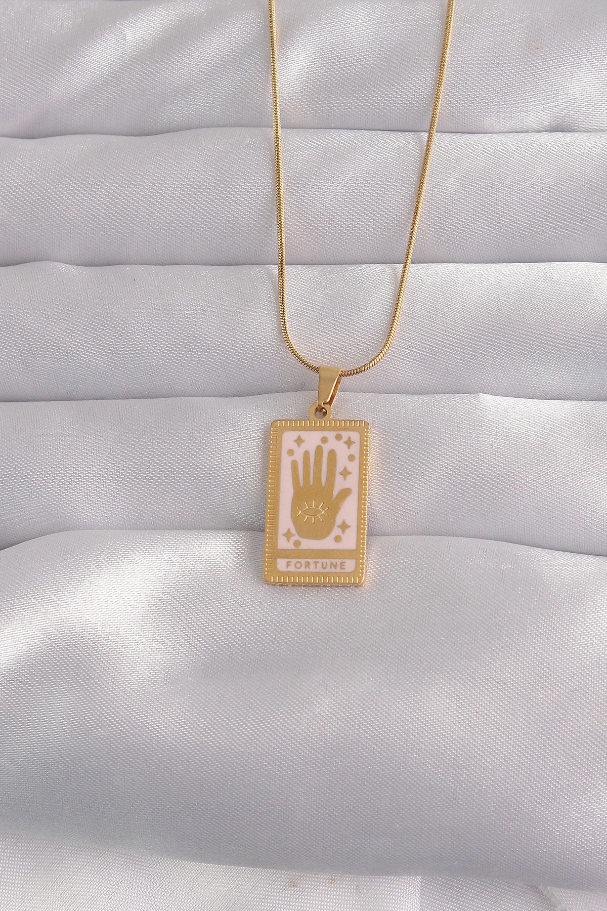 316L Çelik Gold Renk Pembe Mineli El Figür Tarot Kolye TG27BKO9031 - Çok Renkli / Standart