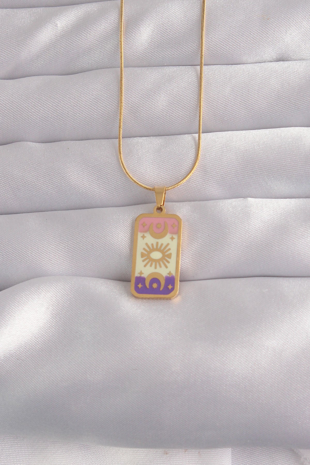 316L Çelik Gold Renk Karışık Mineli Ay Figür Tarot Kolye TG27BKO9036 - Çok Renkli / Standart