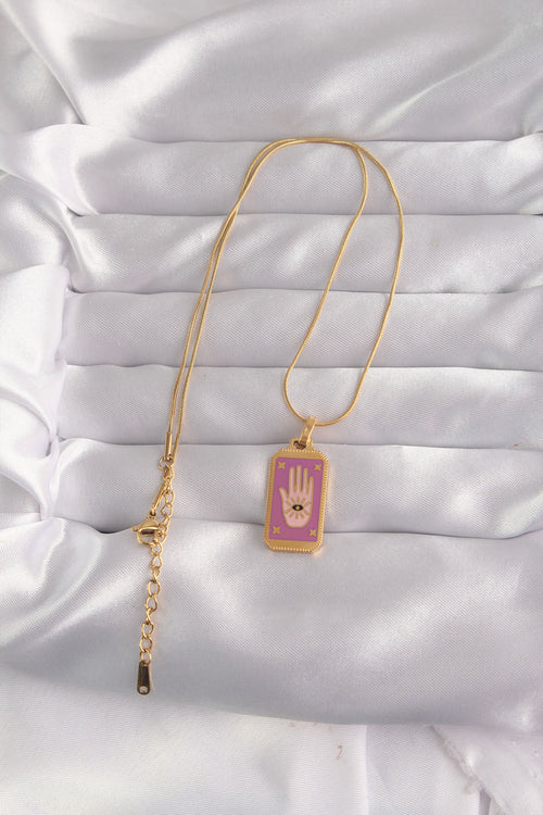 316L Çelik Gold Renk Mor Mineli El Figür Tarot Kolye TG27BKO9034 - görsel 2