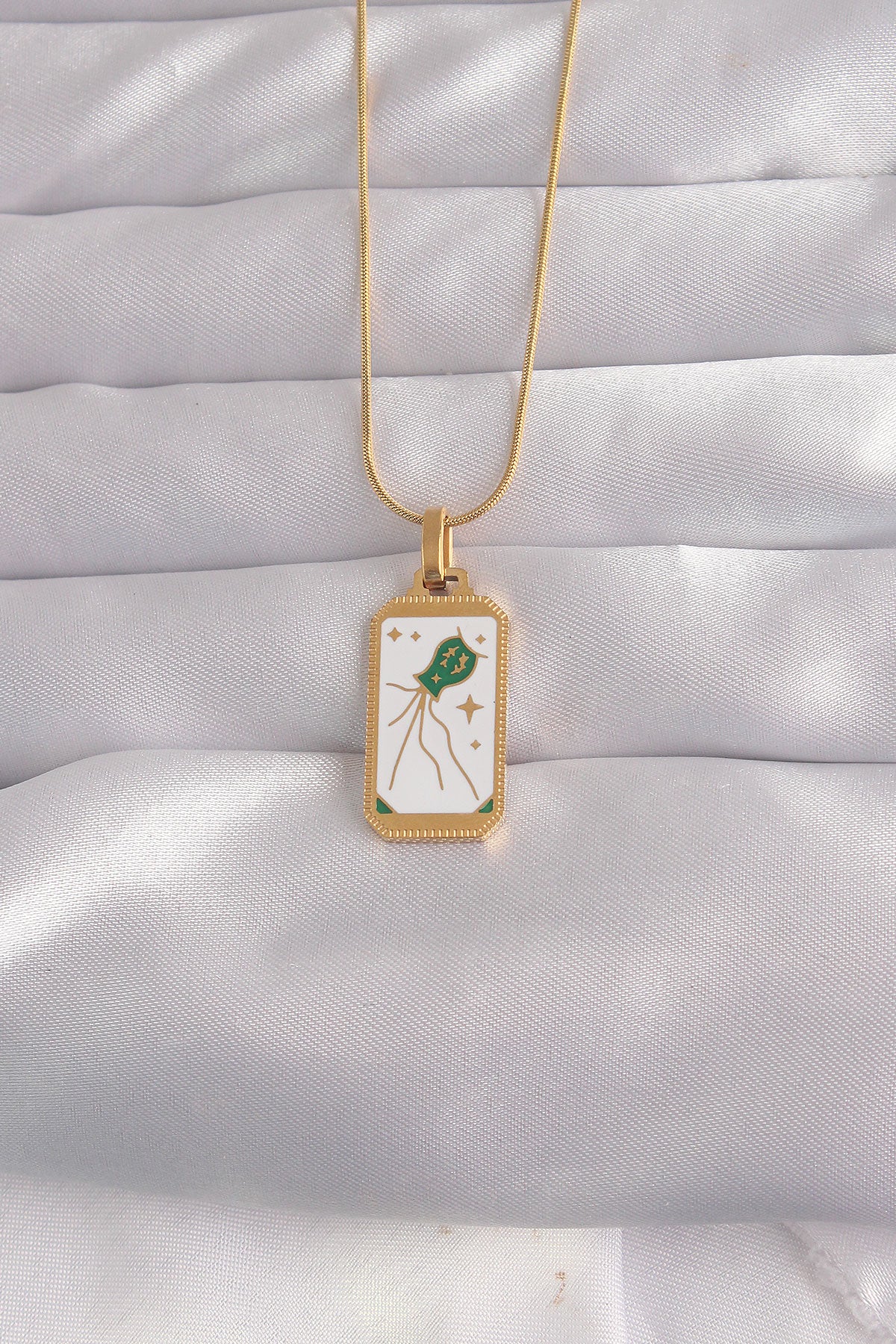 316L Çelik Gold Renk Beyaz Mineli Tarot Kolye TG27BKO9039 - Çok Renkli / Standart