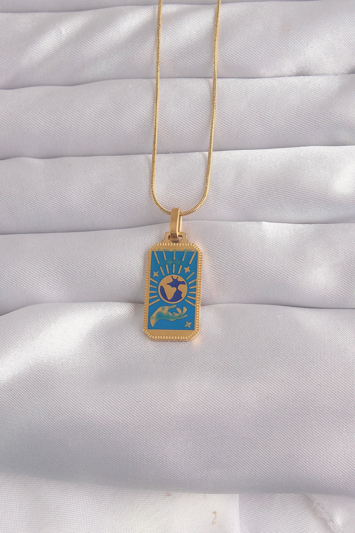 316L Çelik Gold Renk Mavi Mineli El Figür Tarot Kolye TG27BKO9040 - Çok Renkli / Standart