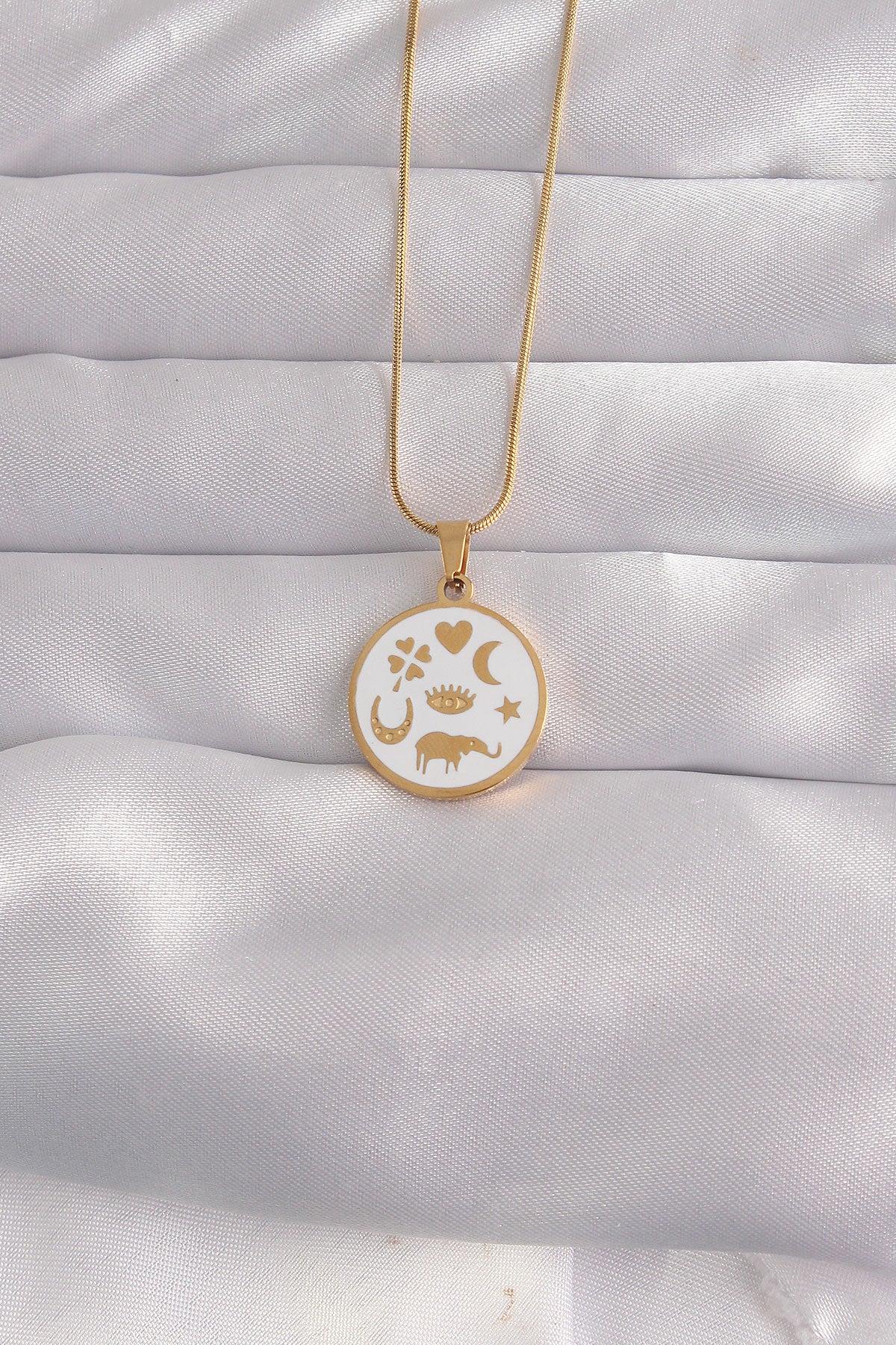 316L Çelik Gold Renk Beyaz Mineli Karışık Figürlü Tarot Kolye TG27BKO9041 - Çok Renkli / Standart