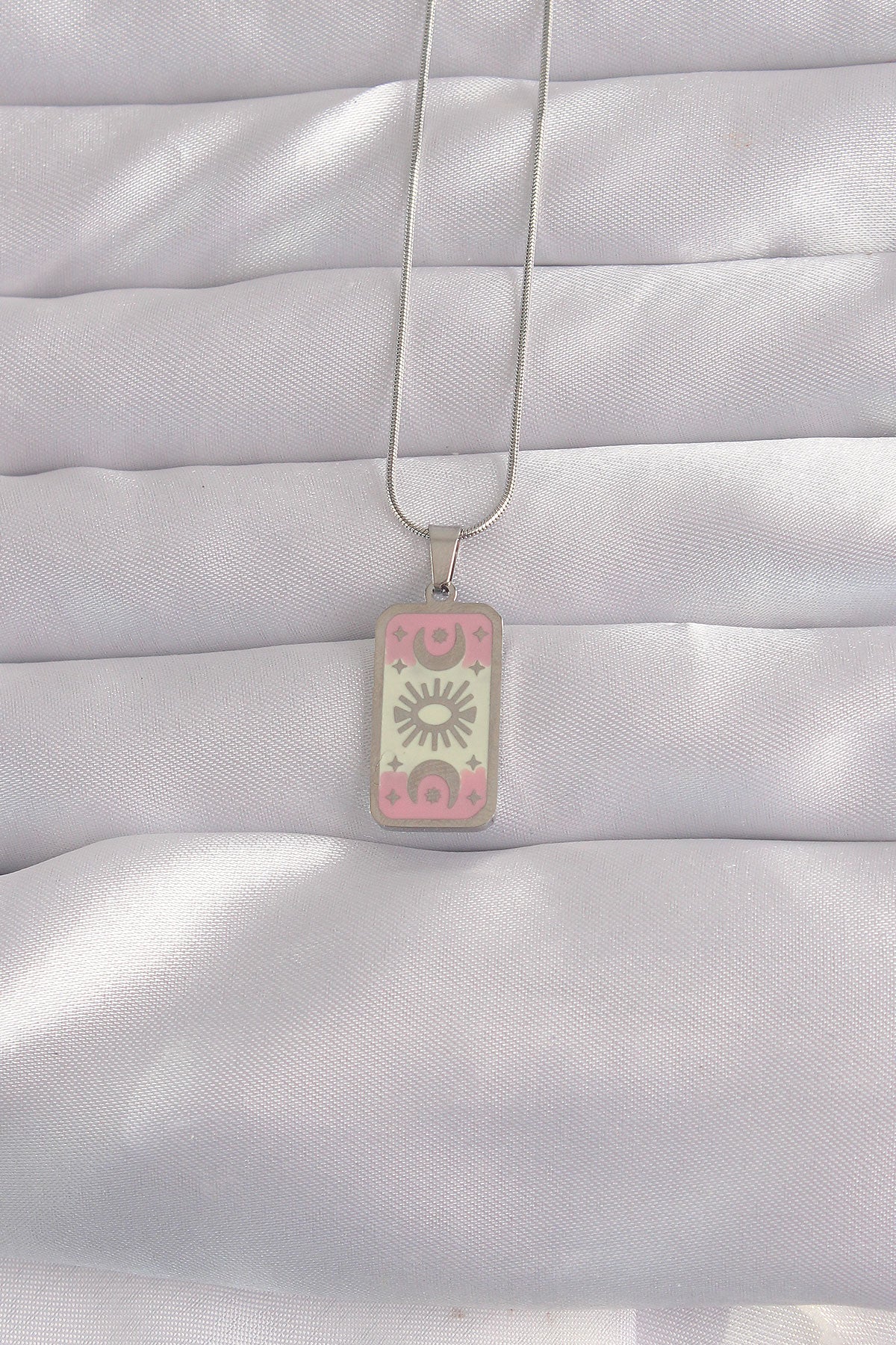 316L Çelik Gümüş Renk Pembe Mineli Ay Figür Tarot Kolye TG27BKO9045 - Çok Renkli / Standart