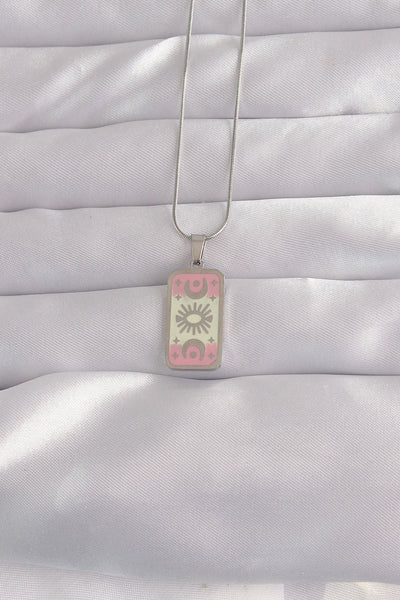 316L Çelik Gümüş Renk Pembe Mineli Ay Figür Tarot Kolye TG27BKO9045