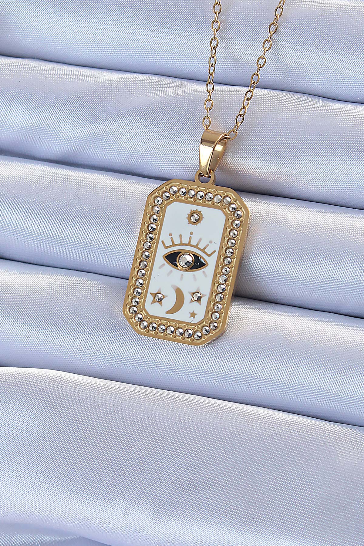 316L Çelik Zincir Altın Renk Mineli Zirkon Taşlı Göz Figür Tarot Kolye TG27BKO9217 - Standart / Standart