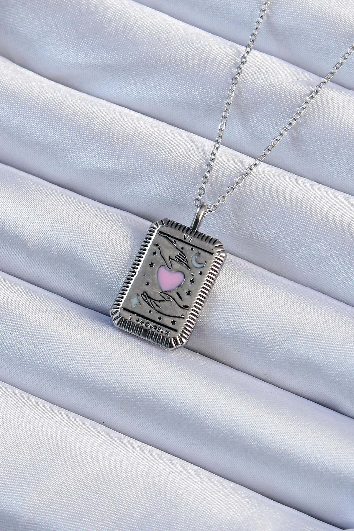 316L Çelik Zincir Eskitme Gümüş Renk Pembe Mineli Kalp Figürlü Tarot Kolye TG27BKO9232 - Çok Renkli / Standart