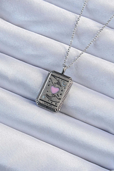 316L Çelik Zincir Eskitme Gümüş Renk Pembe Mineli Kalp Figürlü Tarot Kolye TG27BKO9232
