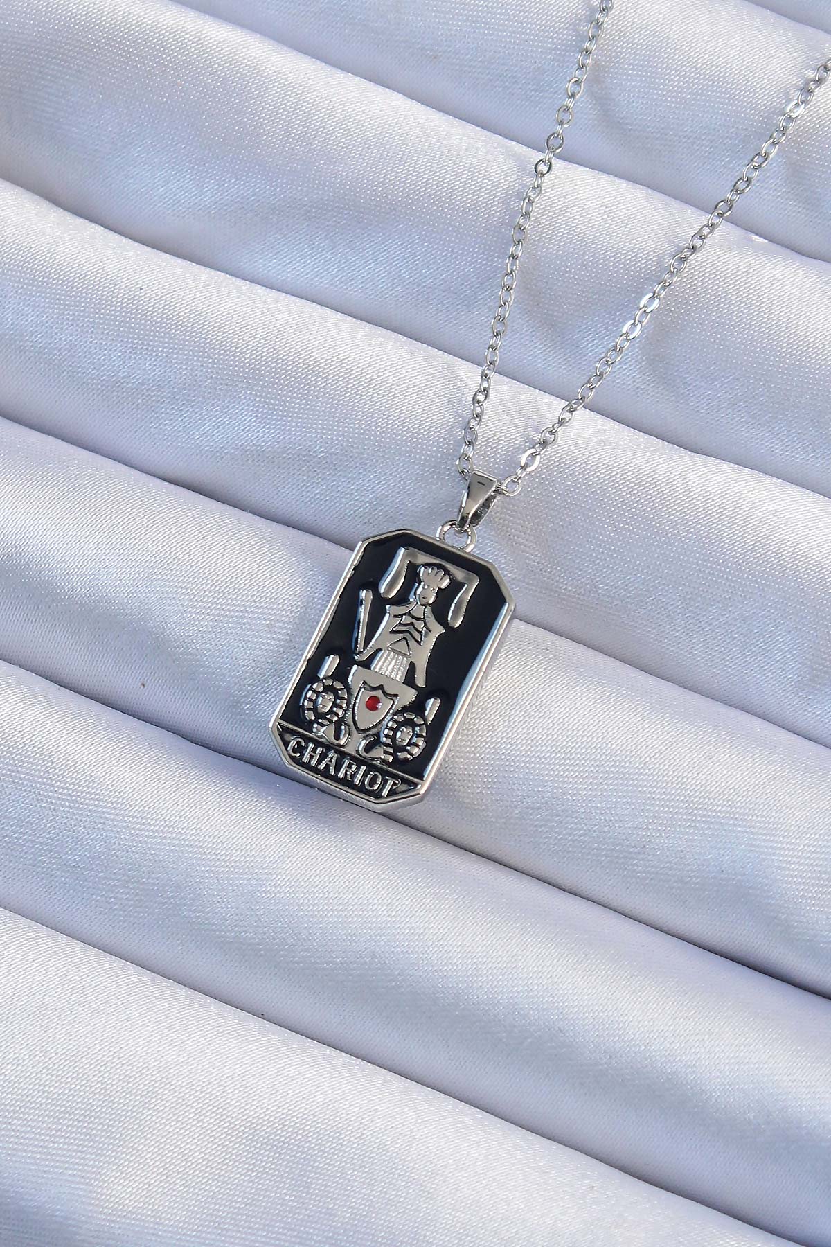 316L Çelik Zincir Gümüş Renk Siyah Mineli Tarot Kolye TG27BKO9246 - Çok Renkli / Standart