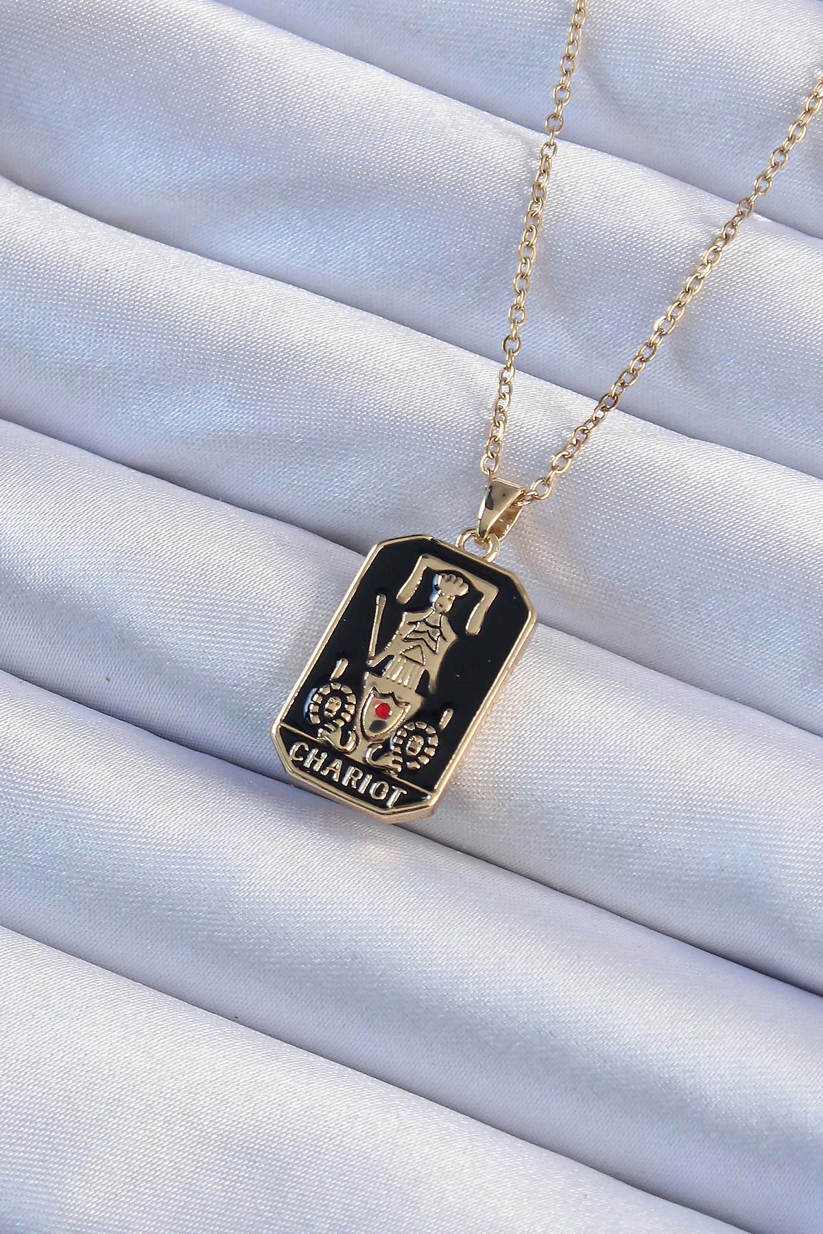 316L Çelik Zincir Altın Renk Siyah Mineli Tarot Kolye TG27BKO9247 - Çok Renkli / Standart