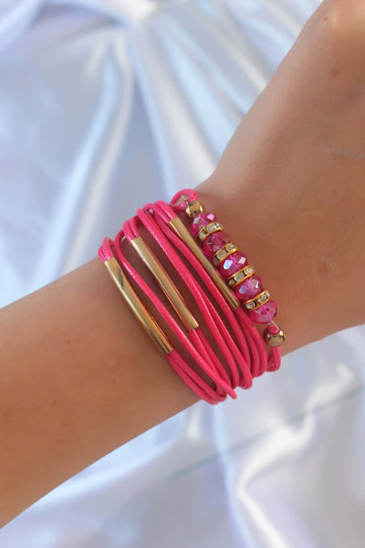 Pembe Renk Zirkon Taşlı Metal Aksesuarlı İpli Çoklu Bileklik TG27BB6357