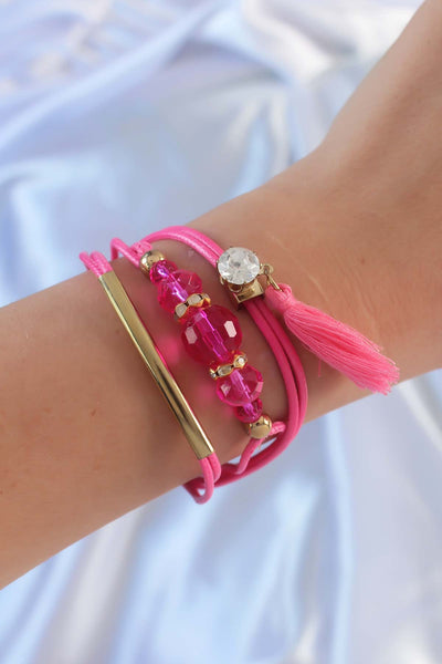Pembe Zirkon Taşlı İpli Püskül Detay Çoklu Bileklik TG27BB6360