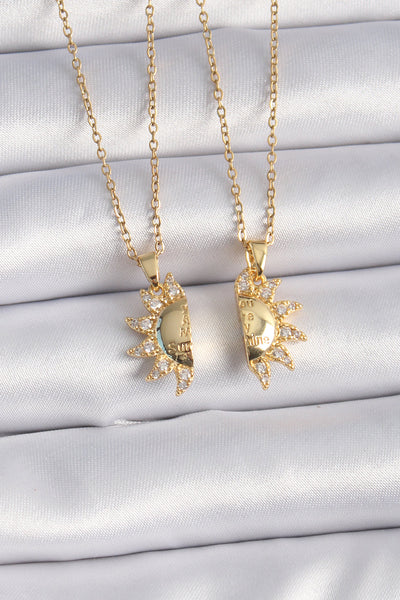 316L Çelik Gold Renk Zirkon Taşlı Güneş Model İşleme Yazı Detay Arkadaş Kolyesi TG27BKO9288