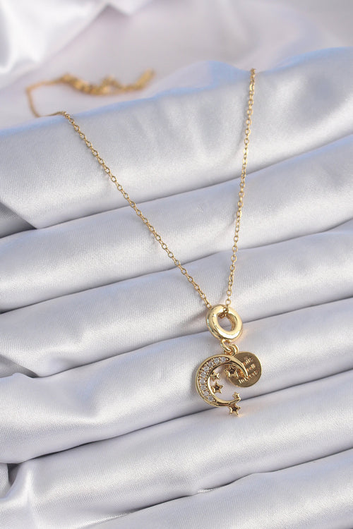 316L Çelik Gold Renk Zirkon Taşlı Ay Yıldız Model Charm Model Kadın Kolye TG27BKO9312