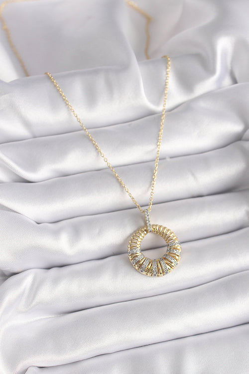 316L Çelik Gold Renk Zincir Gümüş Zirkon Taşlı Daire Model Kadın Kolye TG27BKO9481 - görsel 2