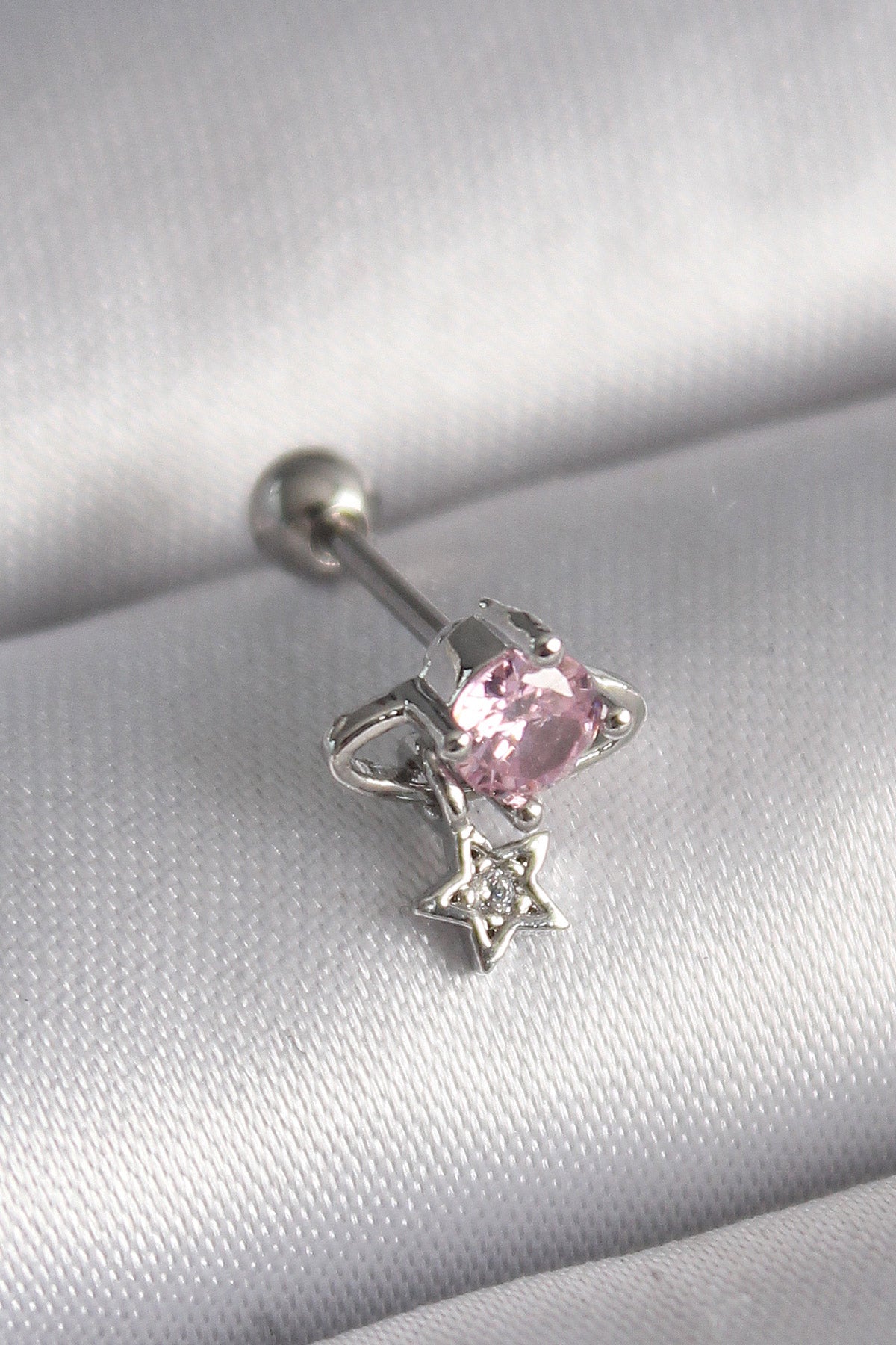 316L Çelik Gümüş Renk Pembe Zirkon Taşlı Sallantı Yıldız Detay Tragus Piercing TG27PR1237 - Çok Renkli / Standart