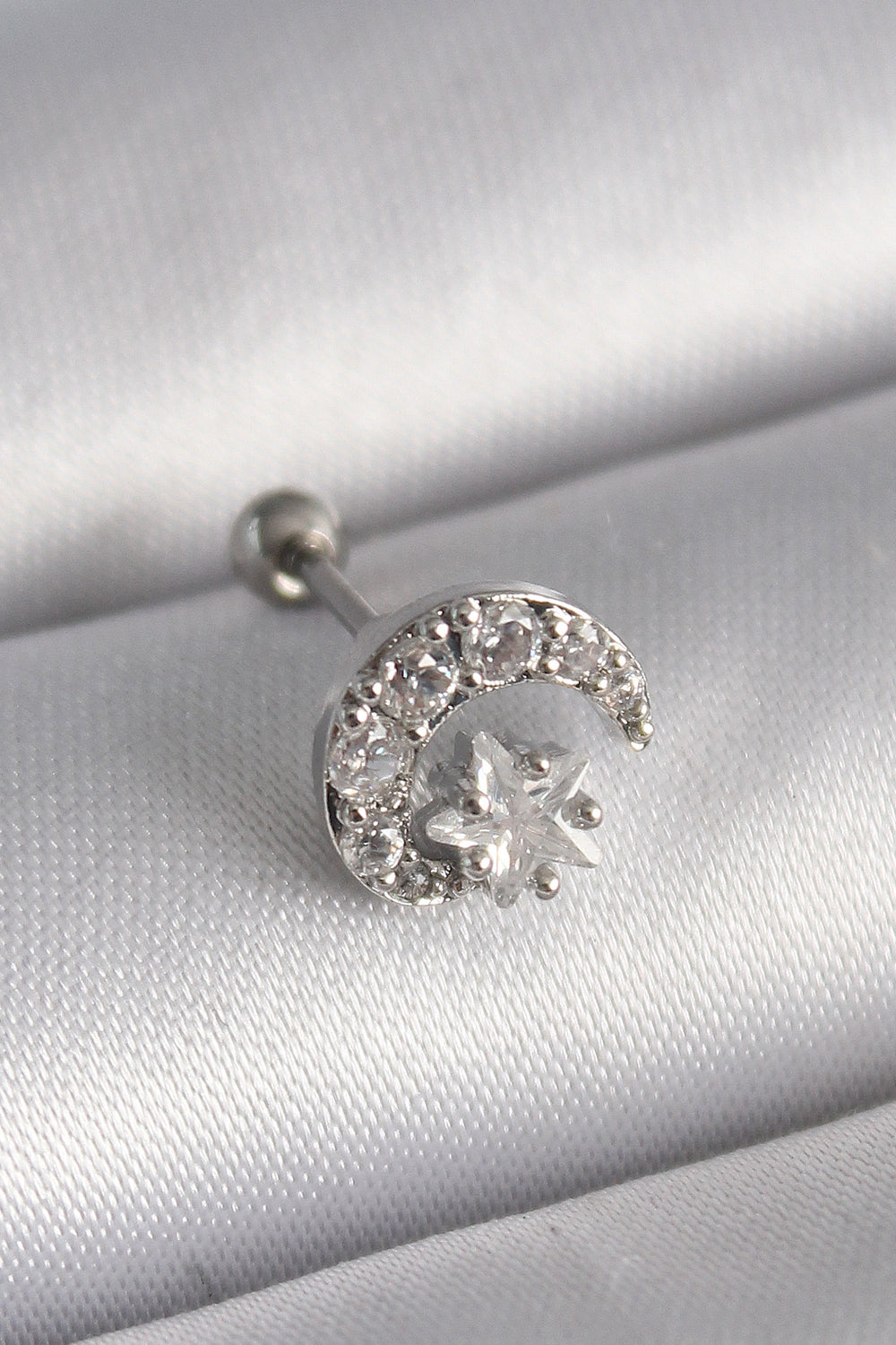 316L Çelik Gümüş Renk Zirkon Taşlı Ay Yıldız Tragus Piercing TG27PR1257