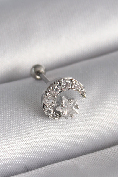 316L Çelik Gümüş Renk Zirkon Taşlı Ay Yıldız Tragus Piercing TG27PR1257