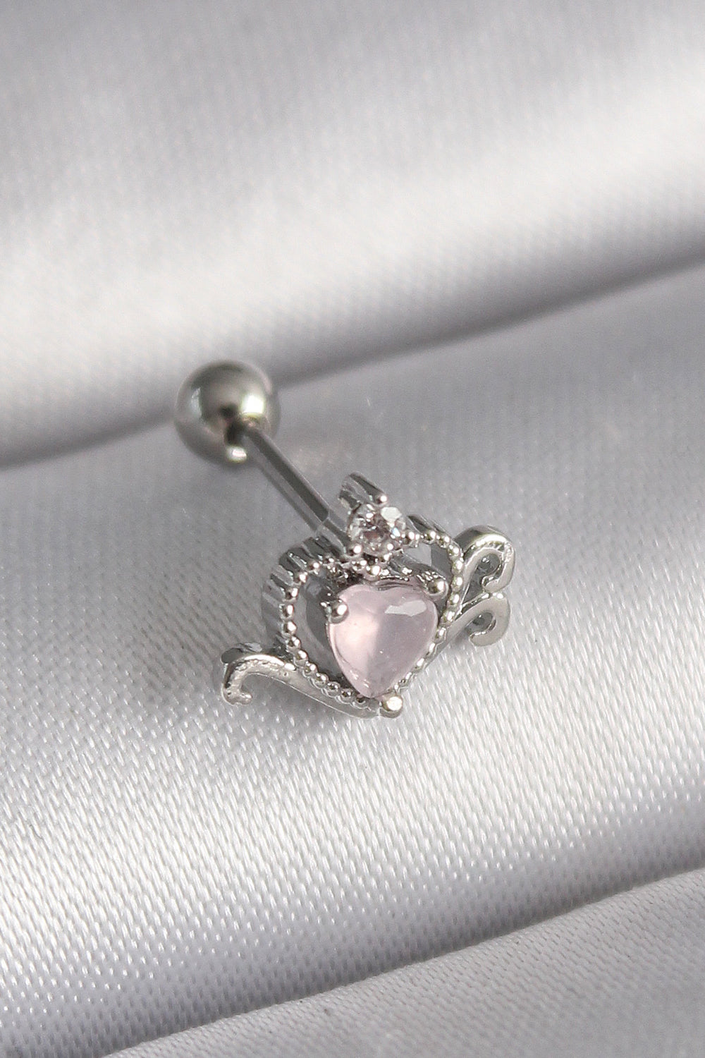 316L Çelik Gümüş Renk Pembe Mineli Kalp Zirkon Taş Detay Tragus Piercing TG27PR1261
