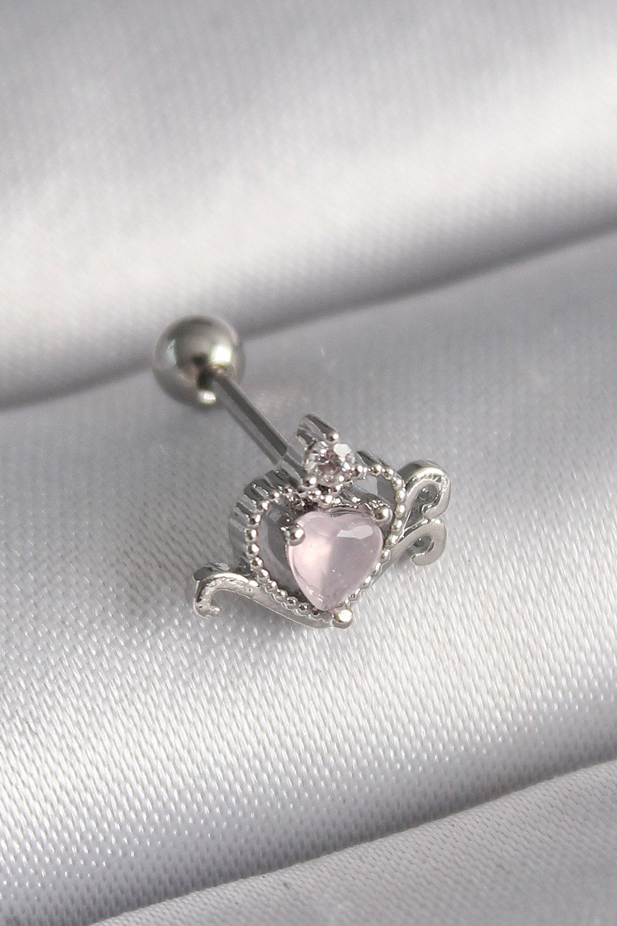 316L Çelik Gümüş Renk Pembe Mineli Kalp Zirkon Taş Detay Tragus Piercing TG27PR1261 - Çok Renkli / Standart