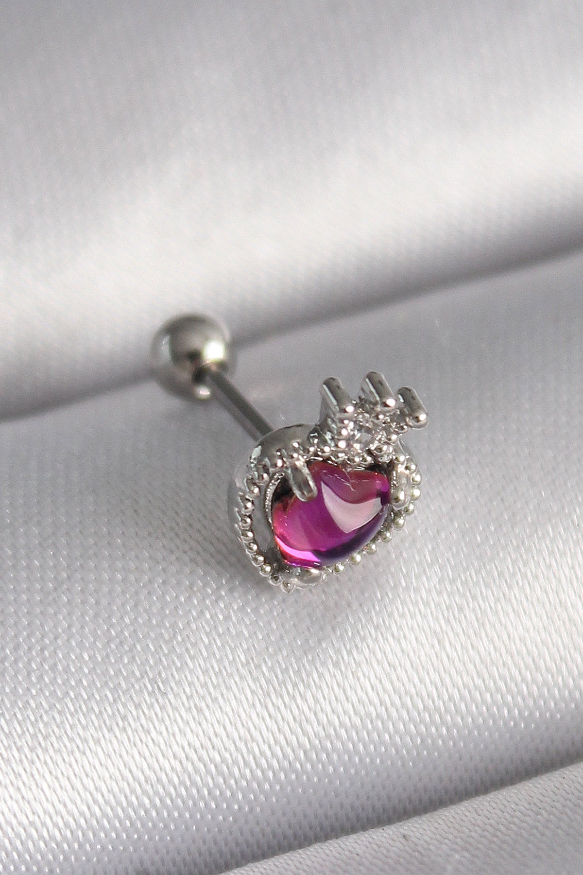 316L Çelik Gümüş Renk Pembe Mineli Kalp Zirkon Taş Detaylı Taç Tragus Piercing TG27PR1263 - Çok Renkli / Standart