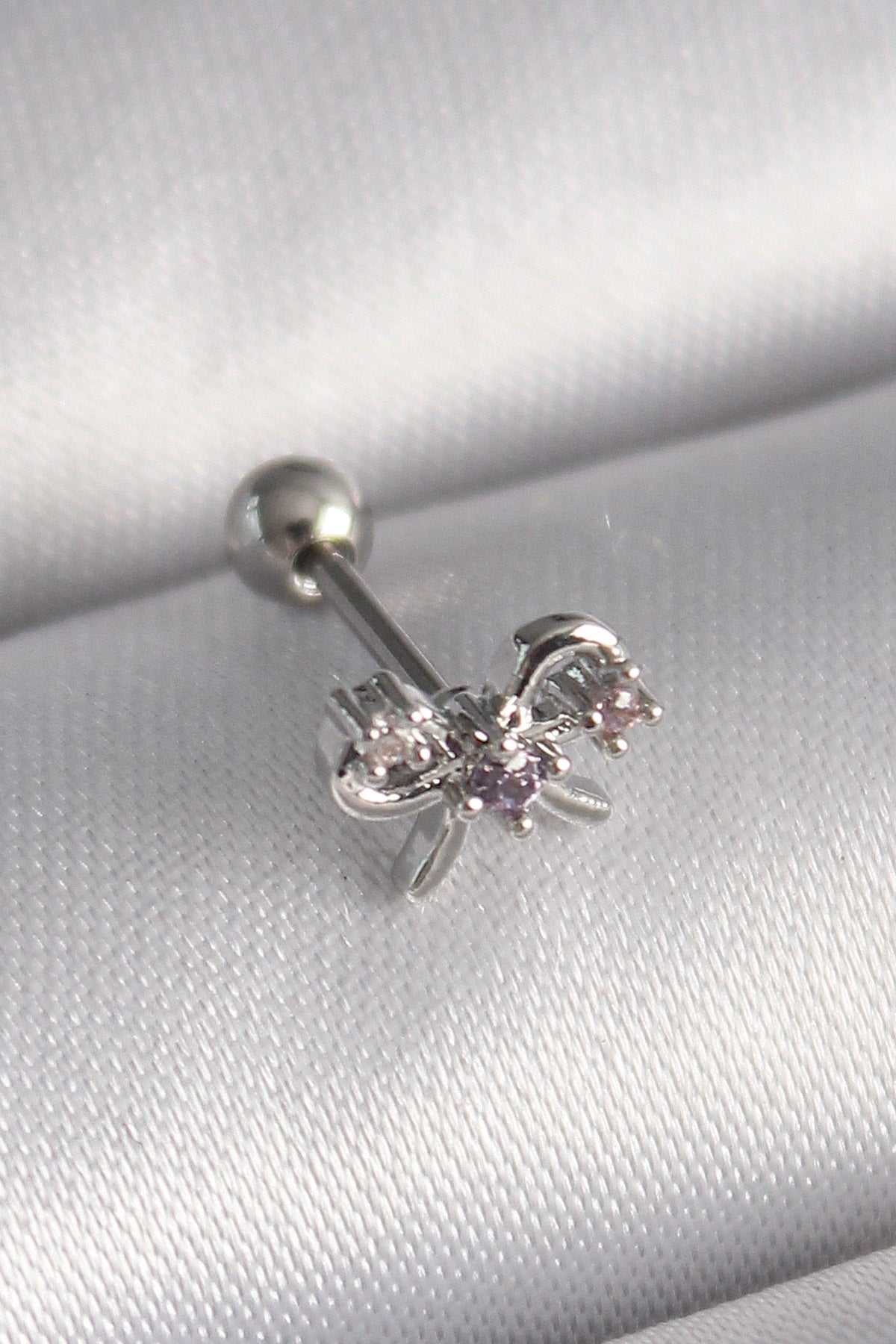 316L Çelik Gümüş Renk Zirkon Taşlı Kurdele Tragus Piercing TG27PR1265 - Çok Renkli / Standart