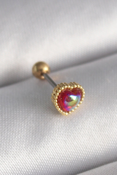 316L Çelik Gold Renk Kırmızı Mineli Kalp Tragus Piercing TG27PR1266