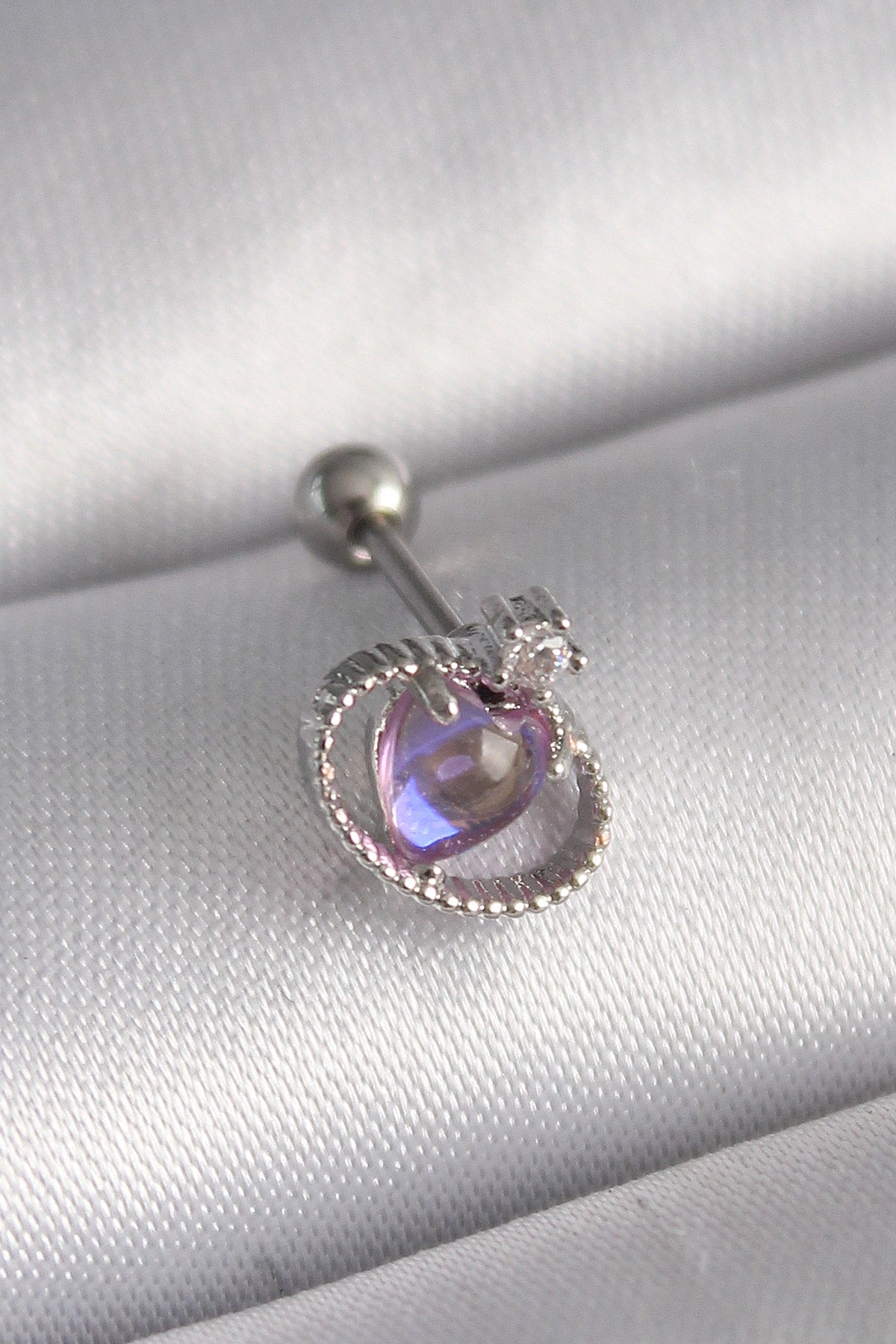 316L Çelik Gümüş Renk Mor Mineli Kalp Zirkon Taş Detay Tragus Piercing TG27PR1273 - Çok Renkli / Standart
