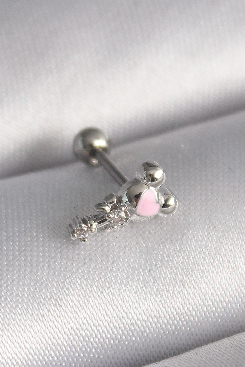 316L Çelik Gümüş Renk Zirkon Taş Detay Pembe Kalp İşleme Tragus Piercing TG27PR1281