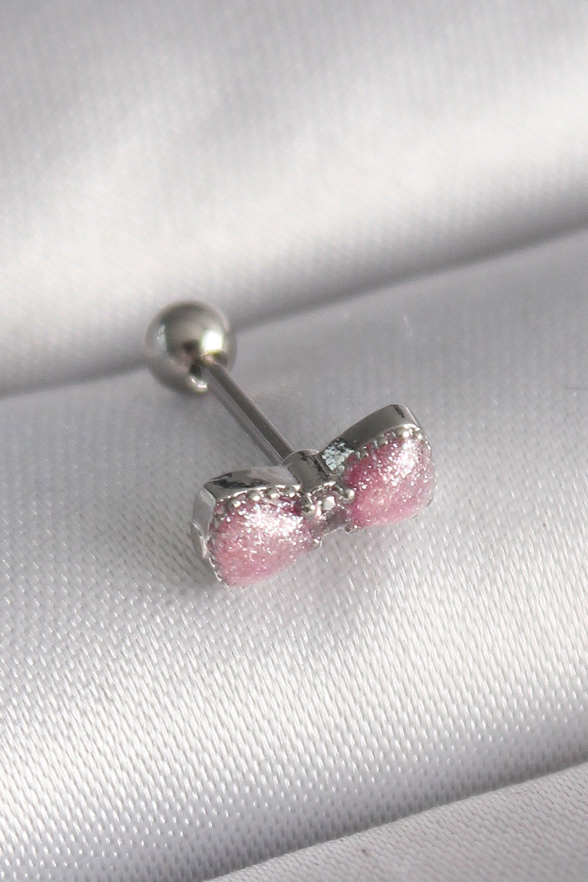 316L Çelik Gümüş Renk Pembe Kurdele Zirkon Taş Detay Tragus Piercing TG27PR1295 - Çok Renkli / Standart
